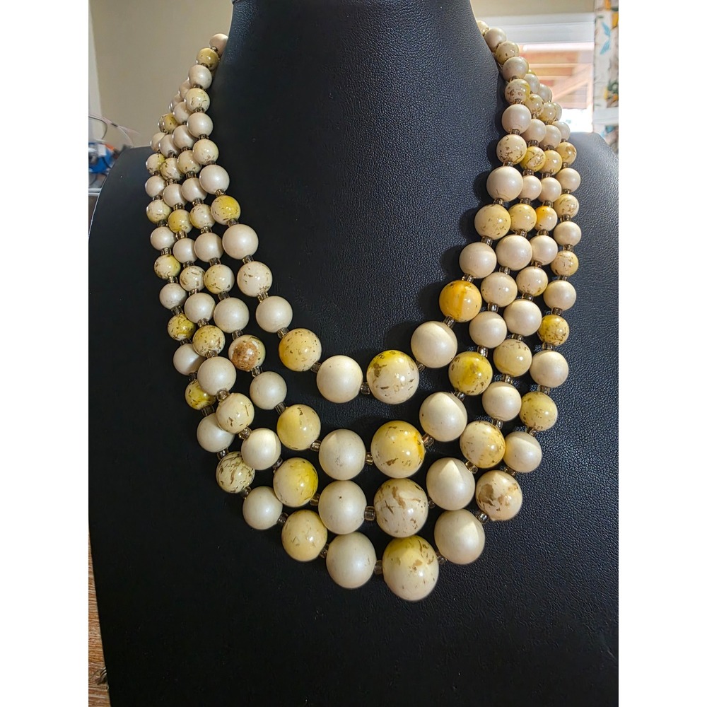 Vintage Hong Kong 3 Strand Marbled Cream Yellow Bead Bib Necklace Statement